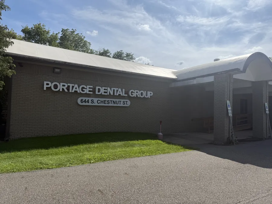 The building entrance from the parking lot